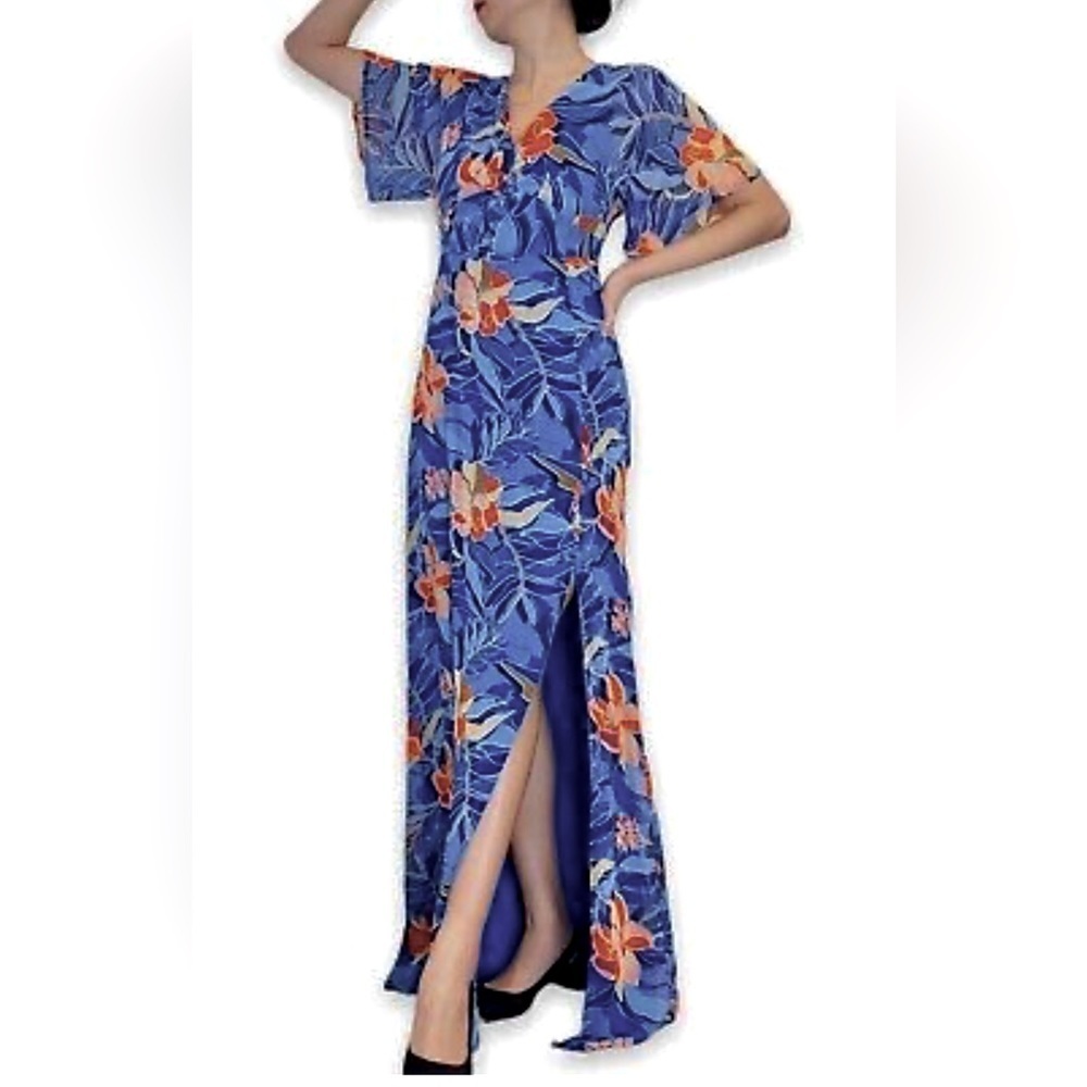 4SI3NNA Kimono Sleeve Orange Floral Blue Side Silt Aleena Maxi Dress Siz… - Picture 5 of 6